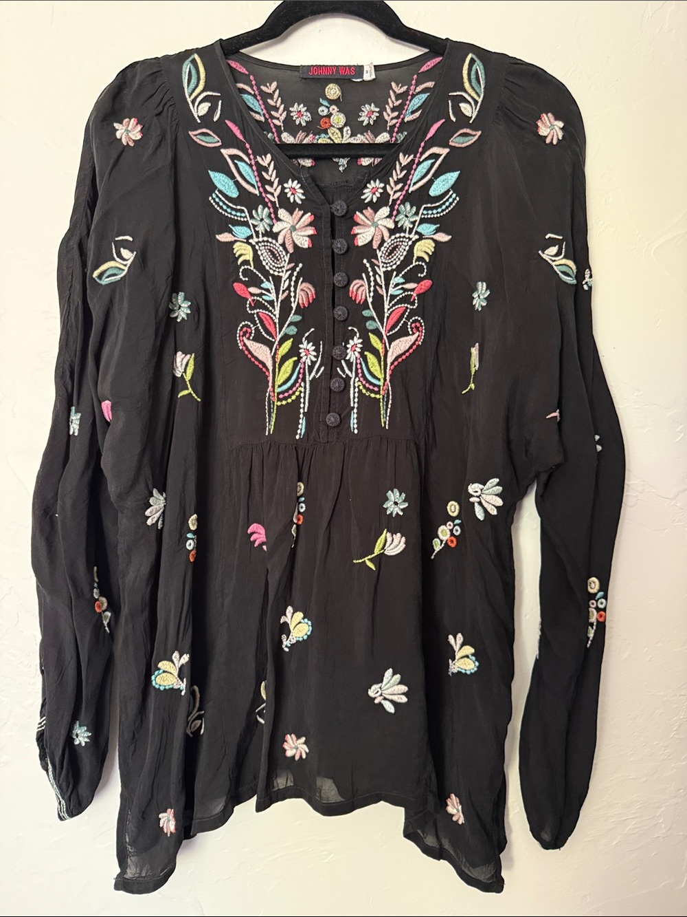Johnny Was Black Embroidered Floral Peasant Top